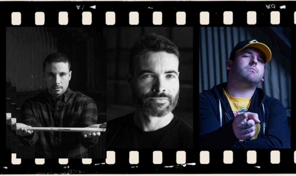 Triptych of three musicians: left man holding drumsticks, center close-up with beard, right man in a yellow cap pointing at the camera.