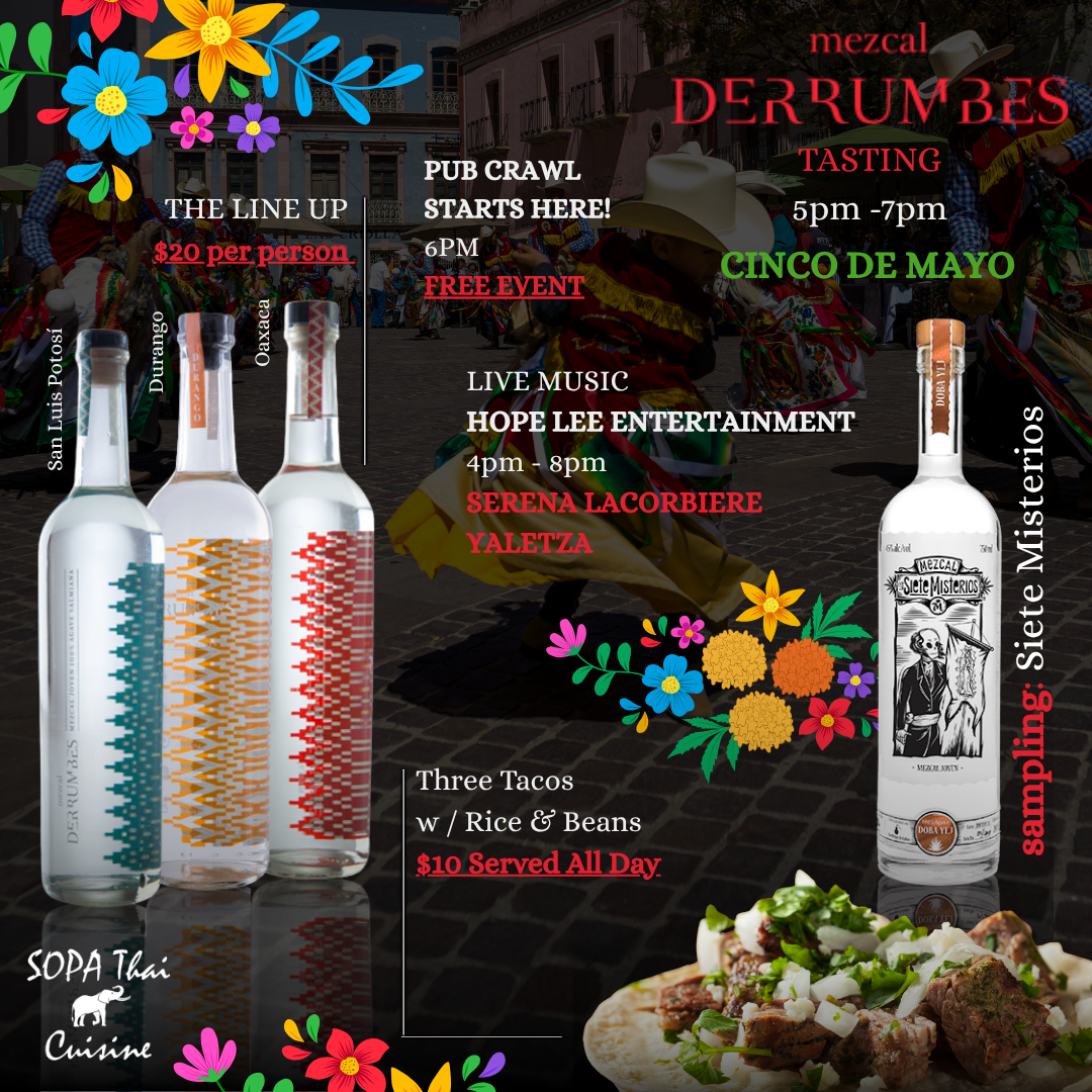 Colorful Derrumbes Mezcal Tasting poster with flowers and bottles, listing event times and lineups on a street scene backdrop.