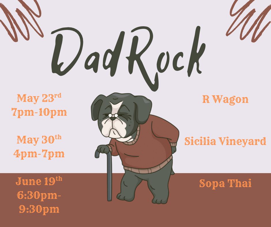 DadRock event poster: a sad bulldog in a brown sweater with a cane, against a pale background; dates and venues listed on left and right sides.