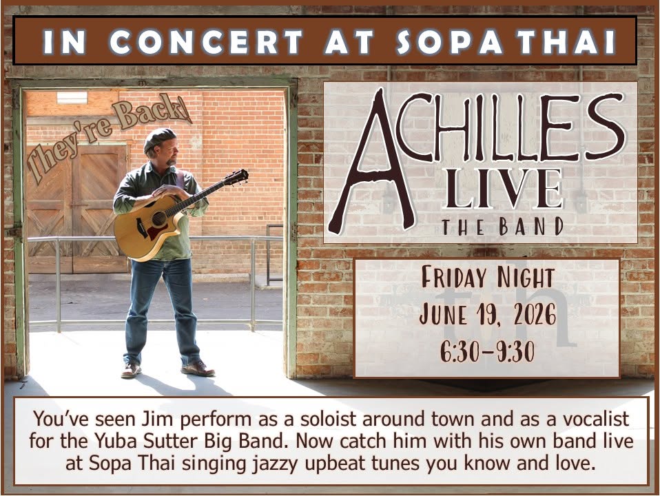 Poster advertising Achilles Live the Band performing at Sopa Thai on Friday, June 19, 2026, 6:30–9:30, with a guitarist pictured on the left against a brick wall.