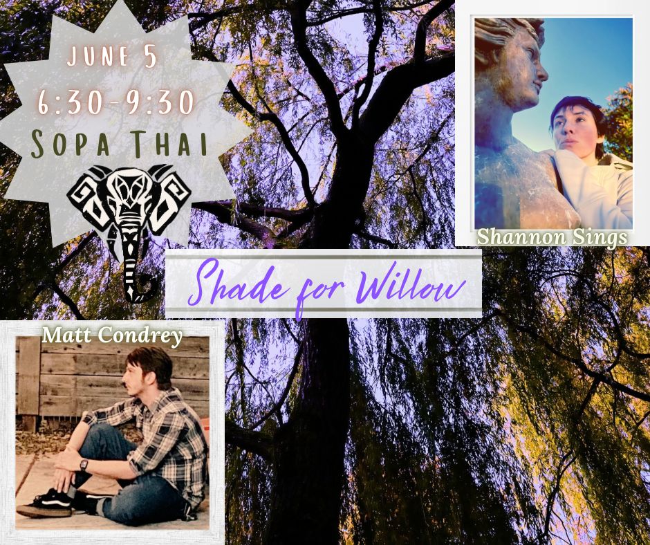 Collage-style event poster for 'Shade for Willow': willow tree background with a pale starburst showing June 5, 6:30–9:30, portraits of Shannon Sings and Matt Condrey, and the title 'Shade for Willow' across a pale banner.
