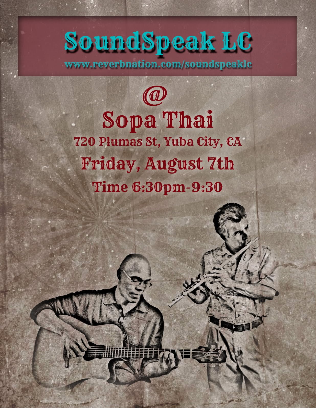 Promotional poster for Soundspeak LC at Sopa Thai in Yuba City, CA, with two musicians (guitarist and saxophonist) and event details: Friday, August 7th, 6:30pm–9:30pm, 720 Plumas St.