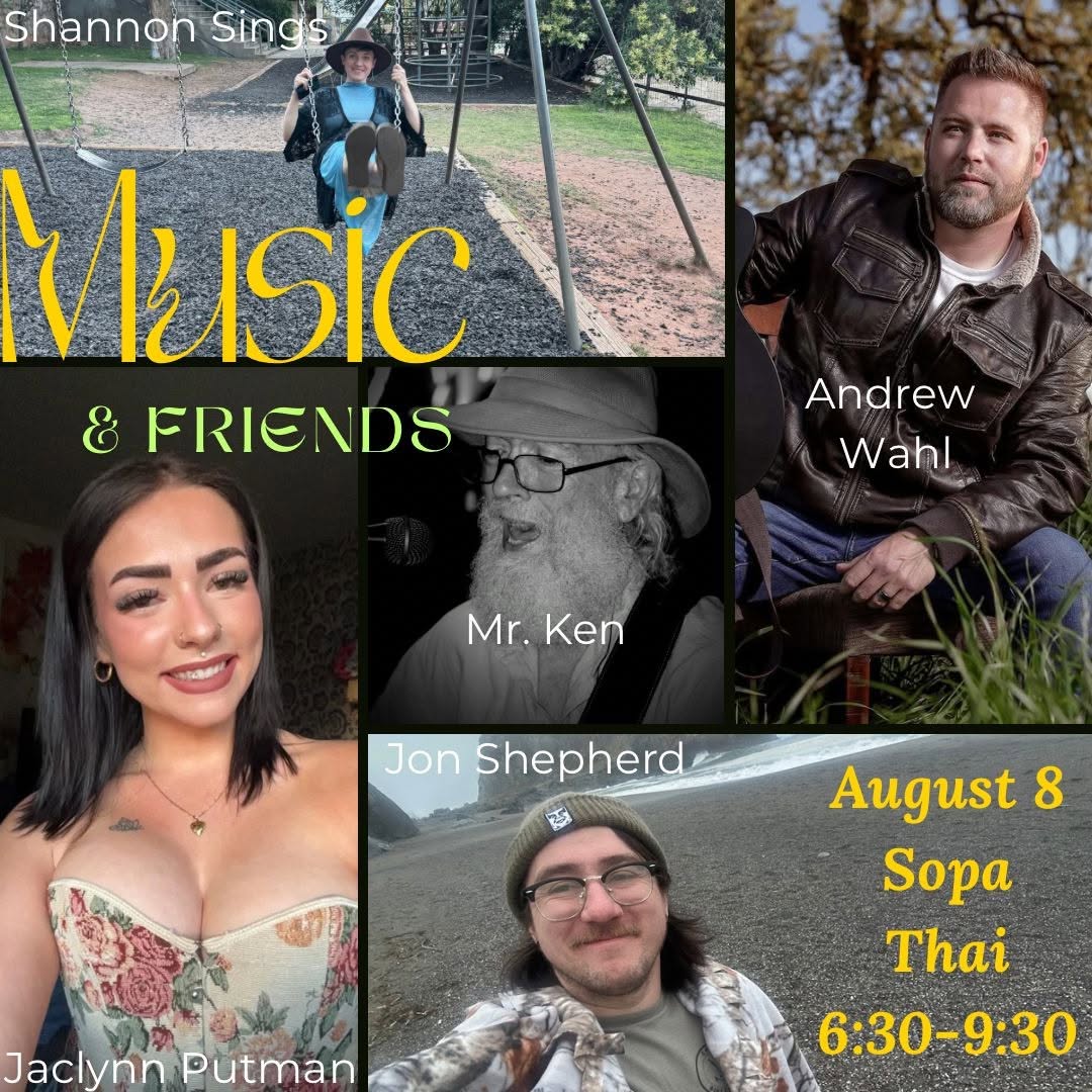 Collage poster advertising a music lineup: Shannon Sings, Jaclynn Putman, Mr. Ken, Andrew Wahl, Jon Shepherd with event details like August 8 and 6:30–9:30.